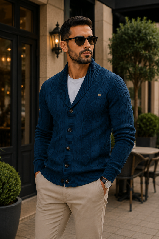 Cardigan Masculino Heritage Knit™ – Tricot Premium em Algodão