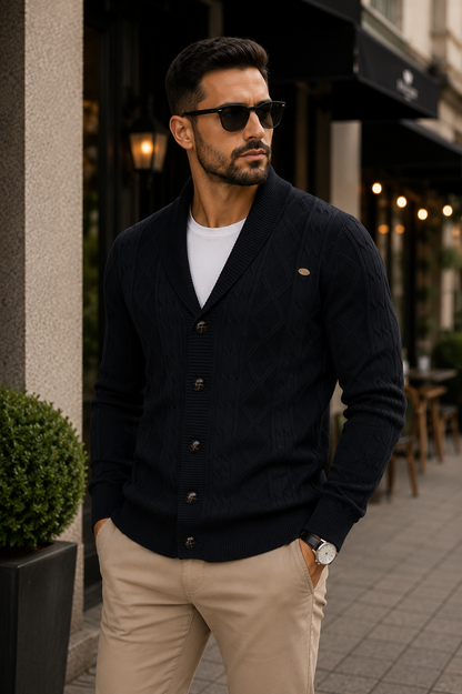 Cardigan Masculino Heritage Knit™ – Tricot Premium em Algodão