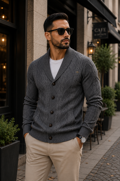 Cardigan Masculino Heritage Knit™ – Tricot Premium em Algodão