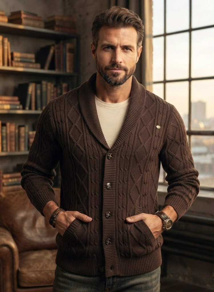 Cardigan Masculino Heritage Knit™ – Tricot Premium em Algodão