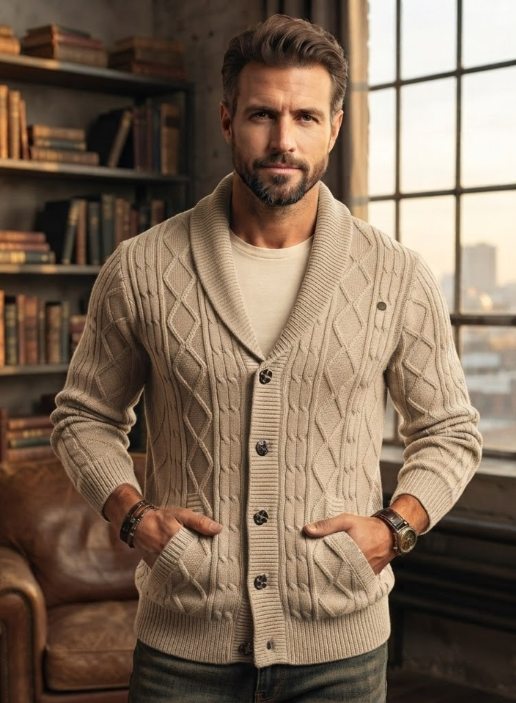 Cardigan Masculino Heritage Knit™ – Tricot Premium em Algodão